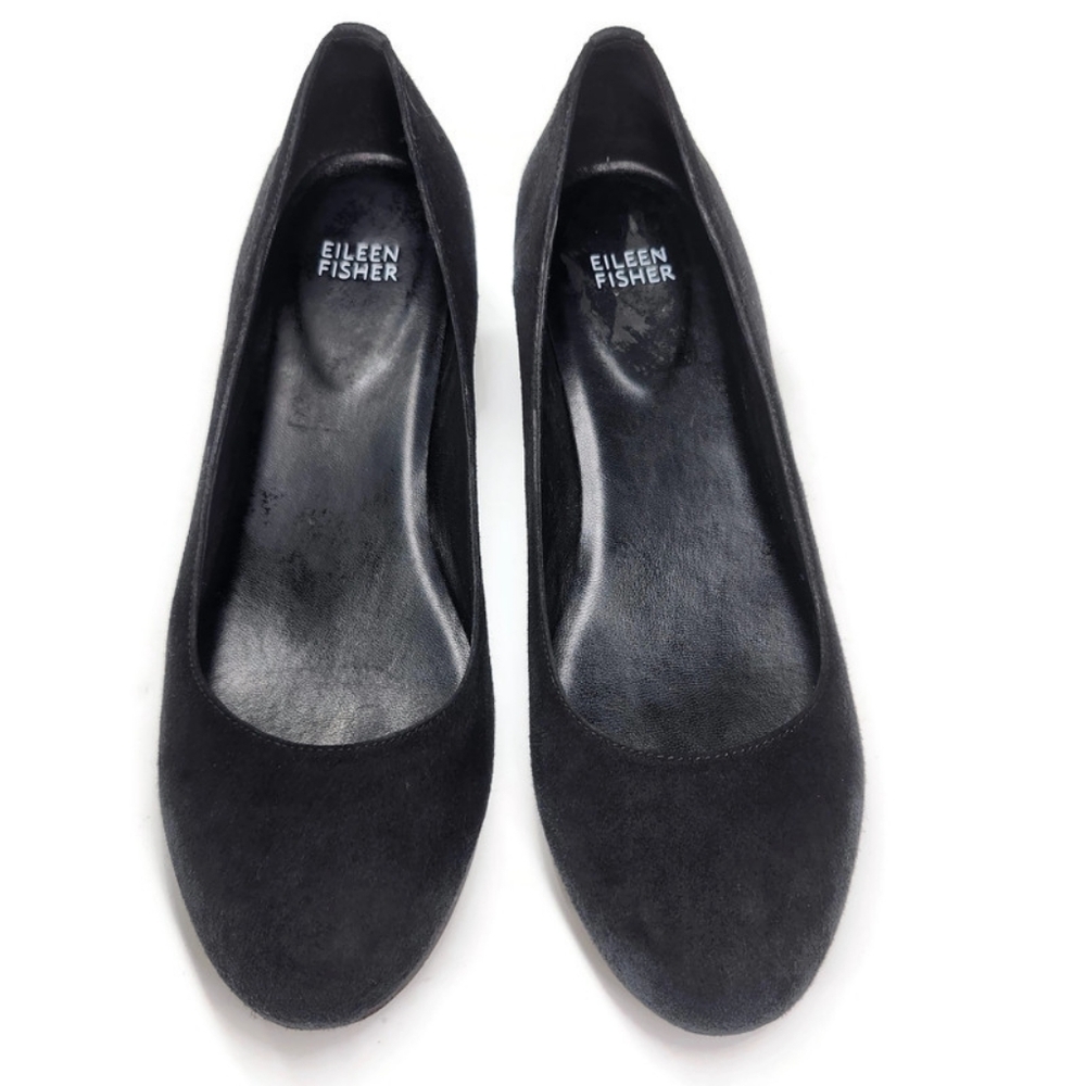 Eileen Fisher Neat Black Suede Round-Toe Low Block Heel Slip-On Pumps - Picture 6 of 14
